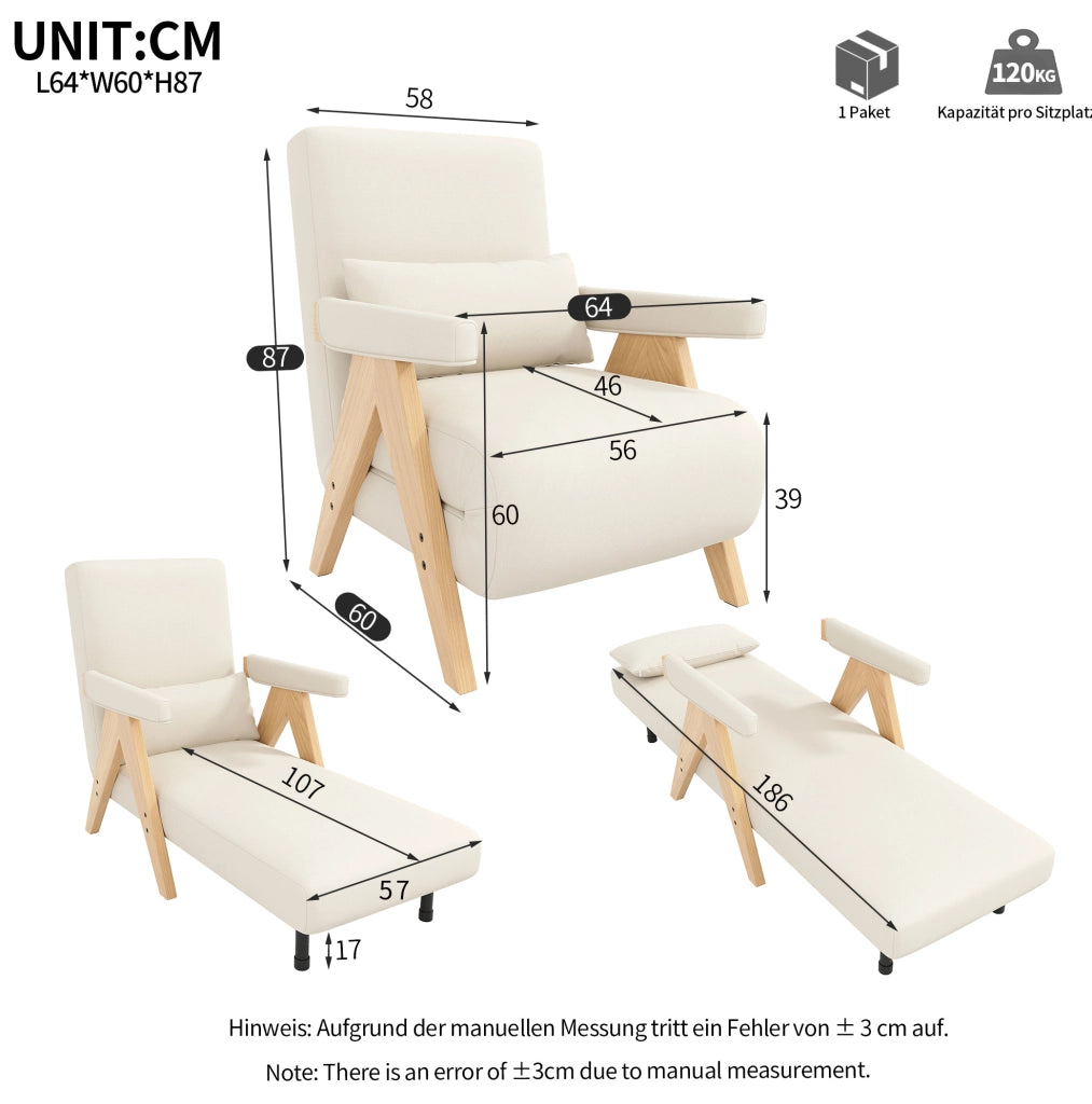Poltrona letto 3 in 1 beige con schienale regolabile