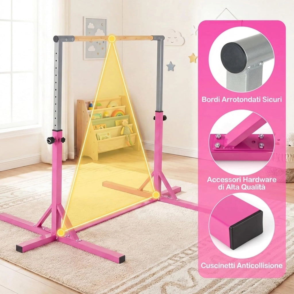 Sbarra per Ginnastica e Danza per Bambini e Bambine, Barra Ginnastica in Metallo e bambù Portatile e Regolabile in Altezza con Cuscinetti Antiscivolo, 195 x 121 x 85-145 cm
