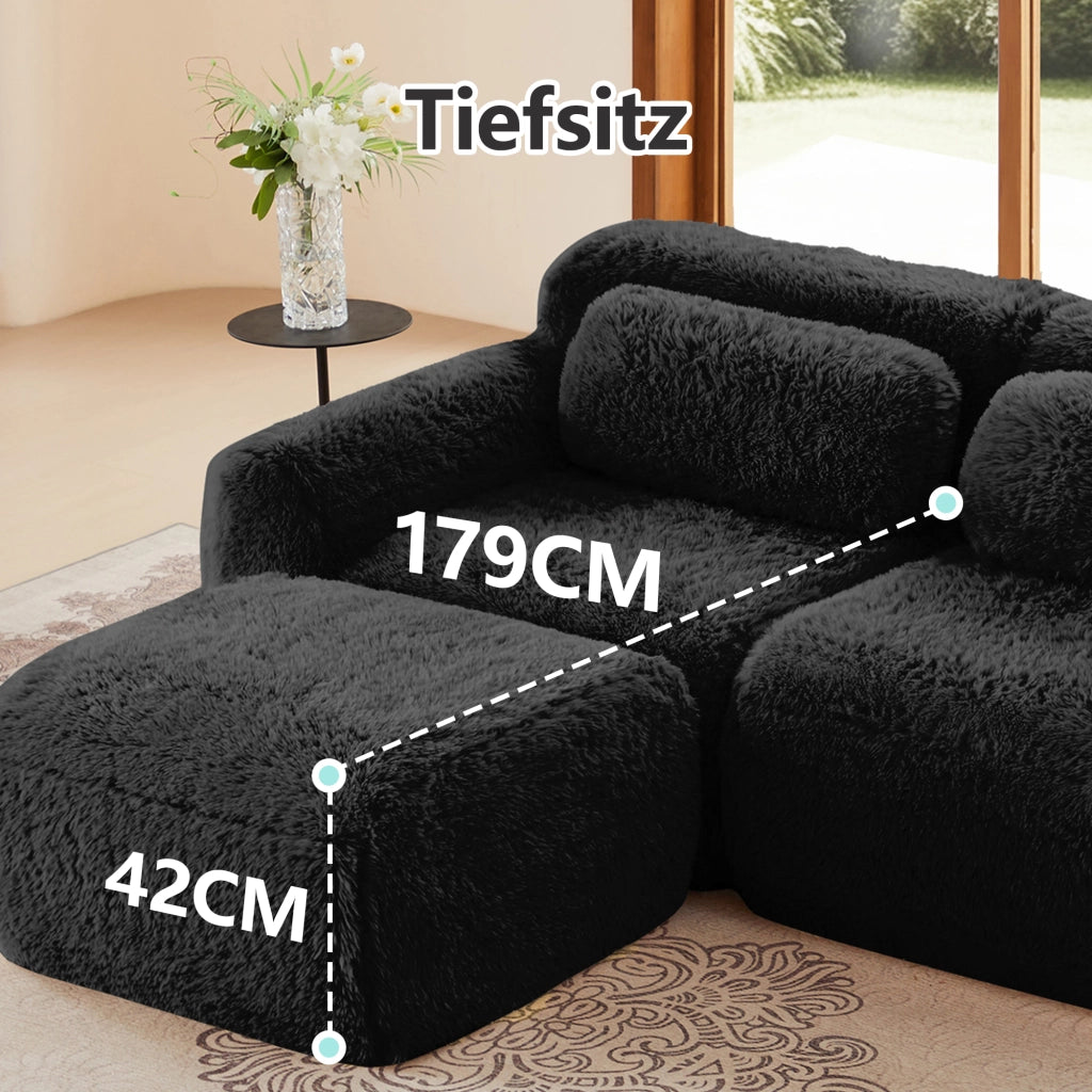Divano Angolare Modulare 2 Posti con Design Senza Struttura, Cuscini e Base Antiscivolo, in Peluche Nero