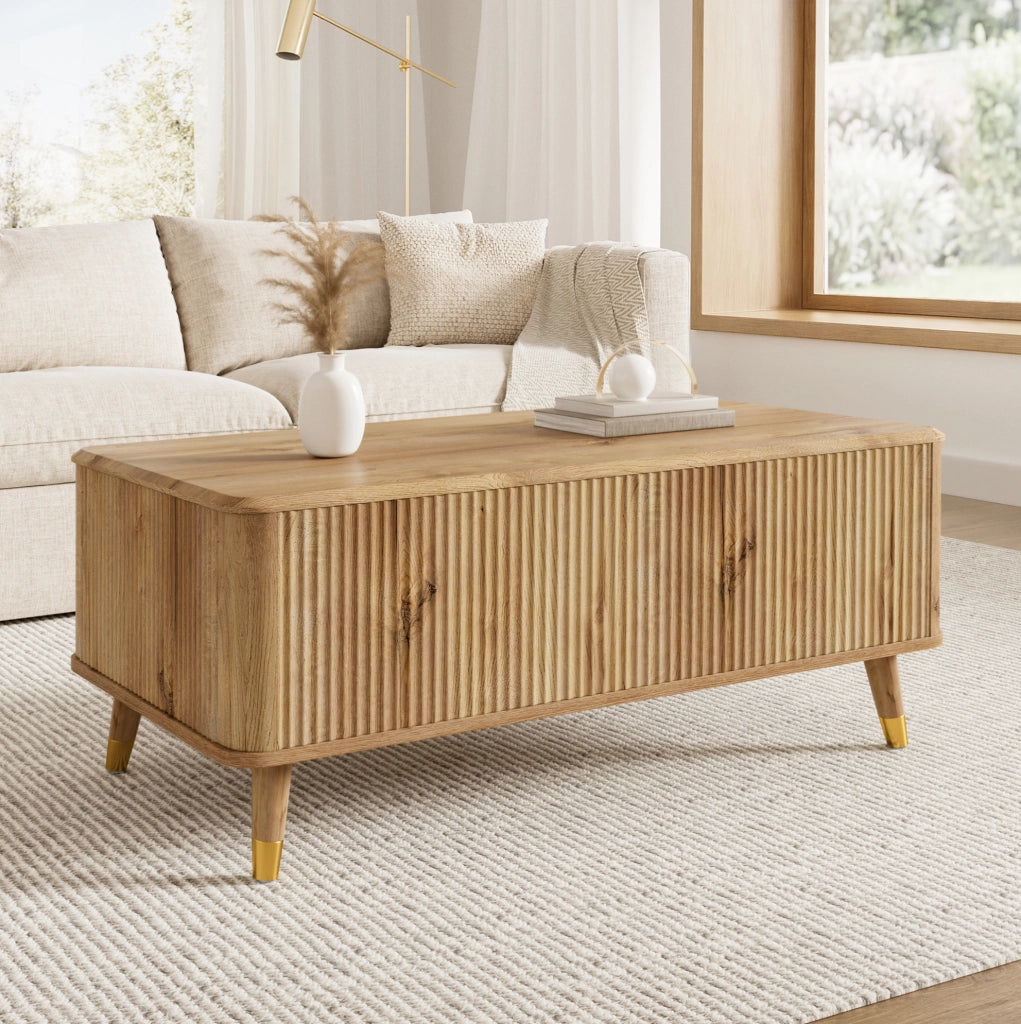 Tavolino da caffè sollevabile con vano contenitore 97x52x56;5 cm MDF e legno naturale