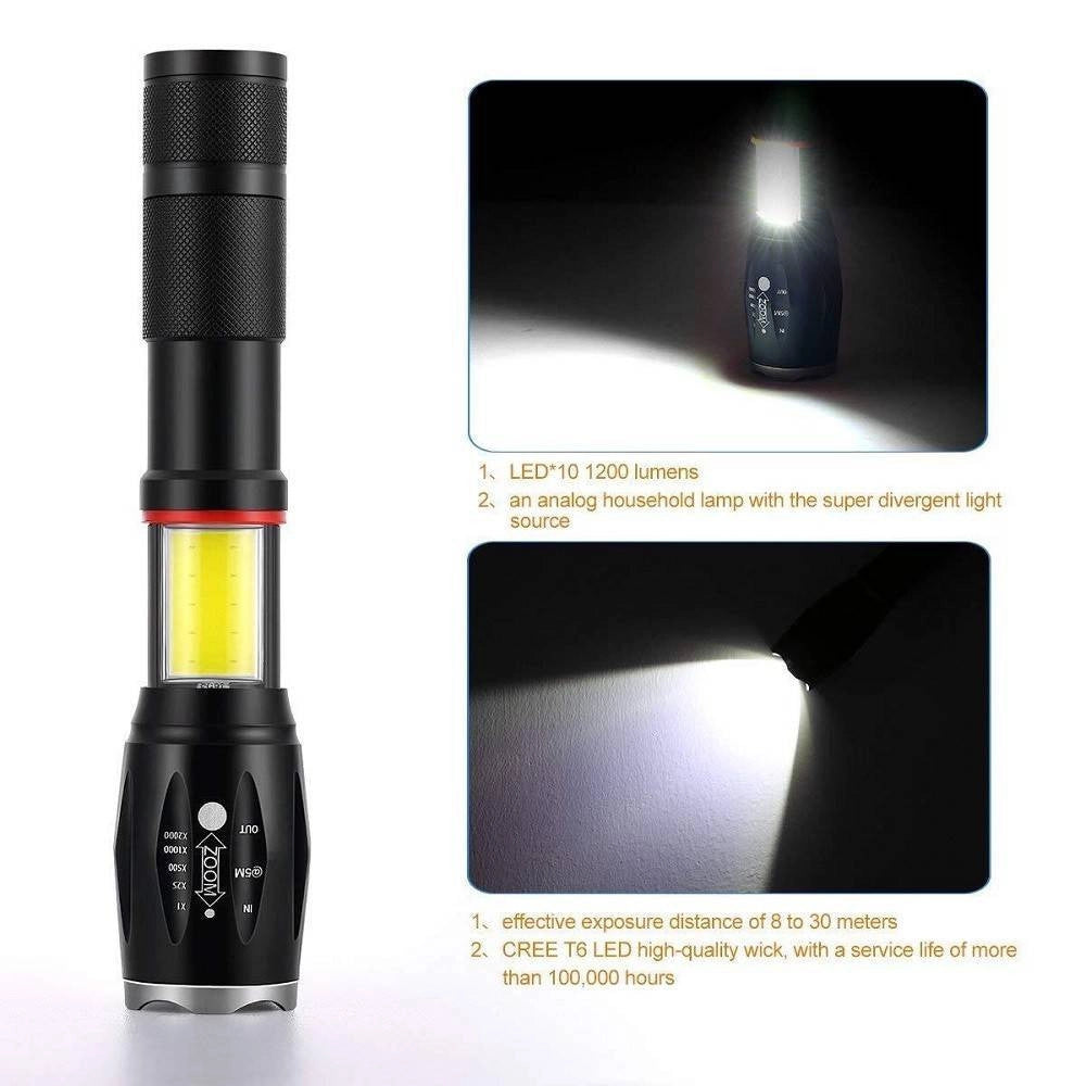 Trade Shop - Torcia Tattica Militare Zoom Cob Ricaricabile Alta Luminosita' T6 Led Te-b0044 -