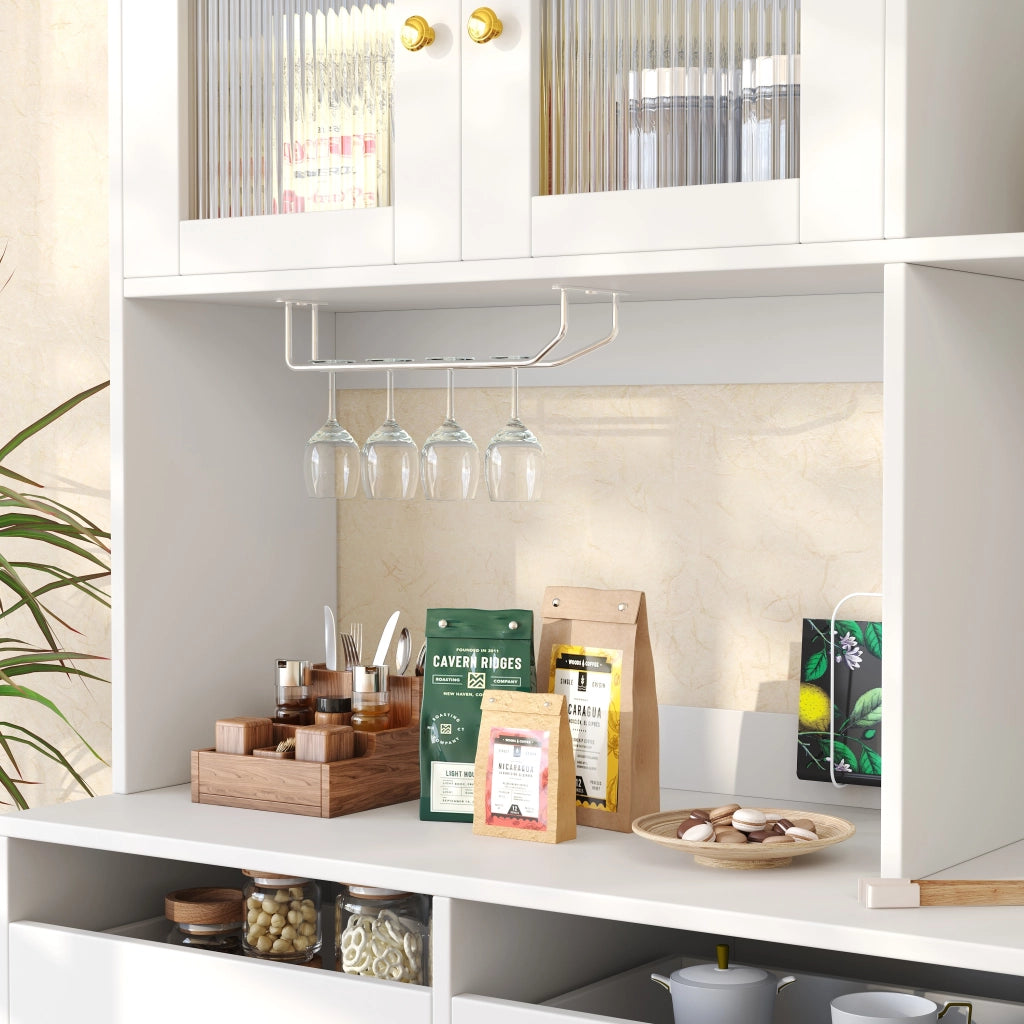 Credenza Alta da Cucina con Ante in Vetro Rigato; Cassetti e Portabottiglie; in MDF; 145x39x171 cm; Bianco