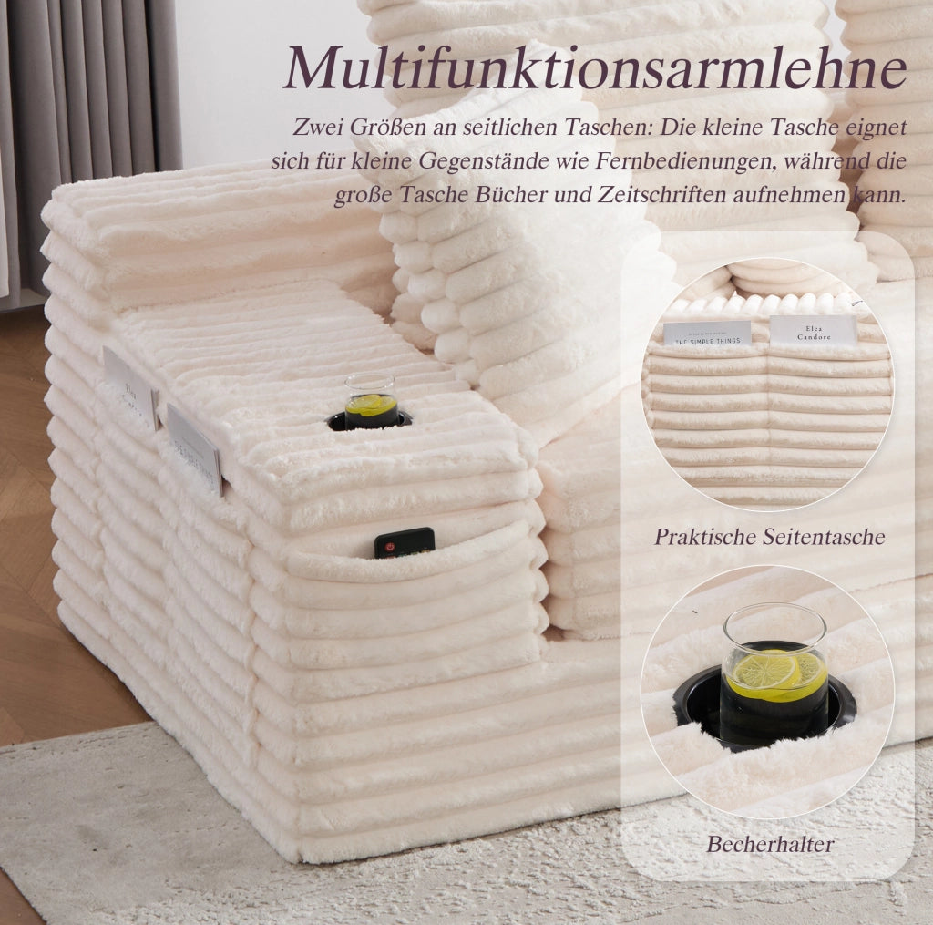 Divano modulabile in velluto a coste beige con tasche laterali e portabevande