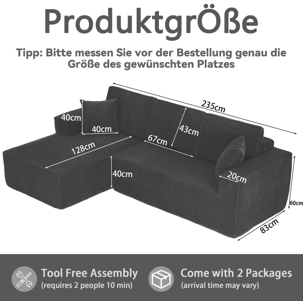 Sofa modulare a L con chaise longue; in velluto a coste nero; 235 x 128 x 60 cm