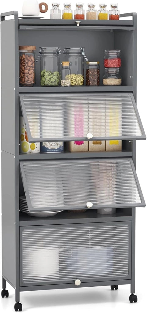 Armadio da Cucina a 5 Piani, Mobile Cucina Dispensa con Porte PC a Scomparsa, con 4 Ruote Girevoli, per Sala da Pranzo Soggiorno e Studio, 60x32x154 cm (Bianco)