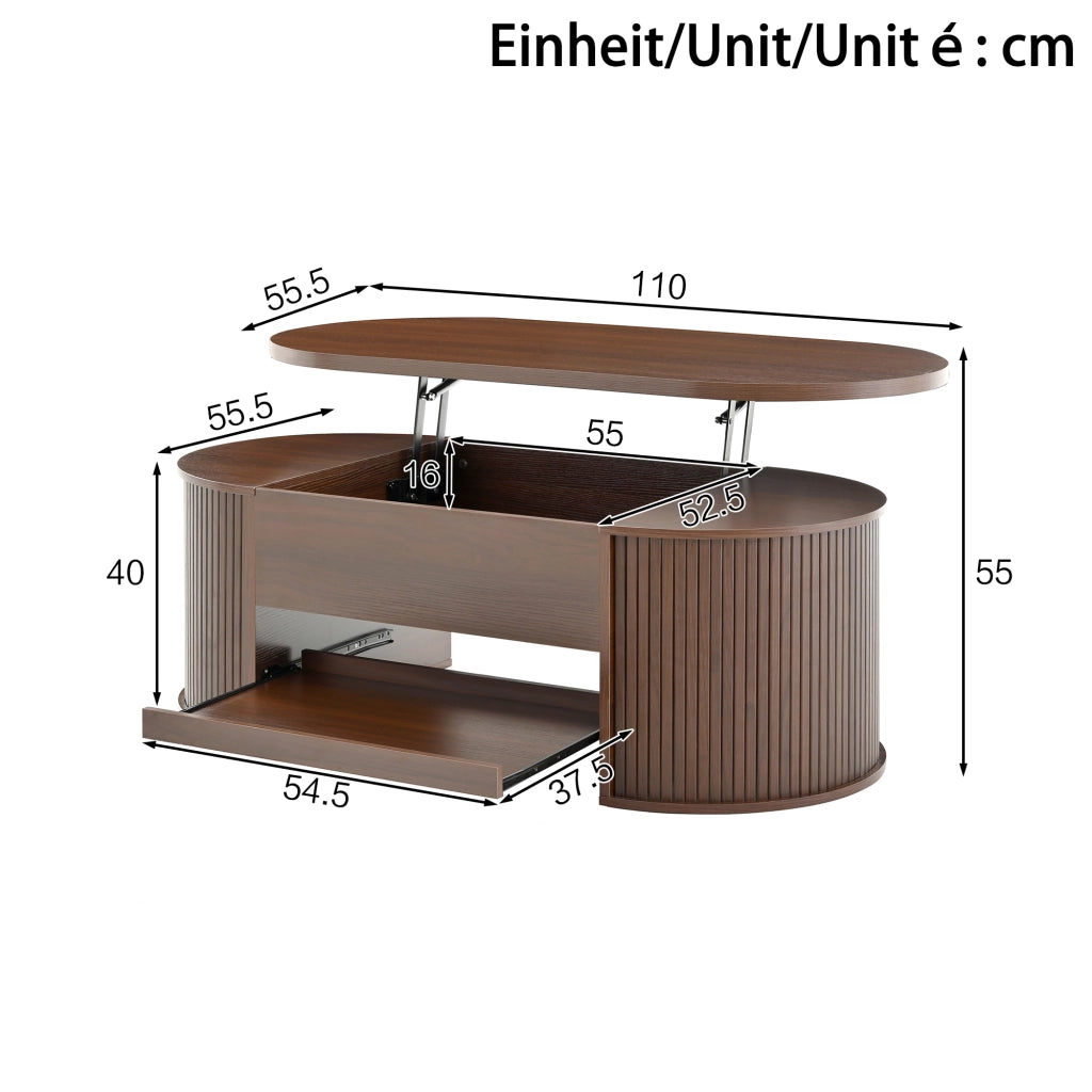 Tavolino da caffè alzabile con piano sollevabile e vano interno - per soggiorno - 110×55.5×40 cm - in MDF - noce