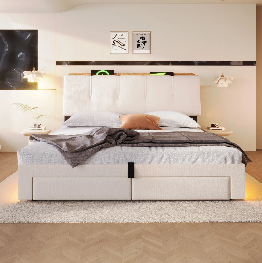 Letto contenitore 140x200 cm; con USB e LED; lino beige (Senza materasso)