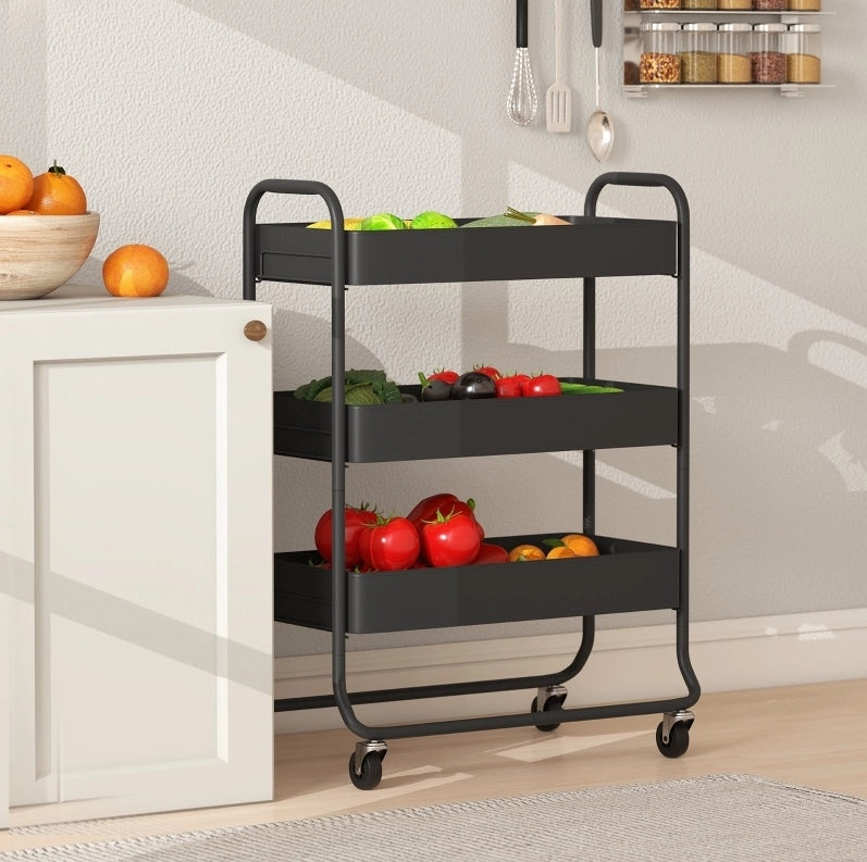 Carrello da cucina ULEVR 64,5x34x87 cm con 3 cestelli e 4 ruote, metallo nero