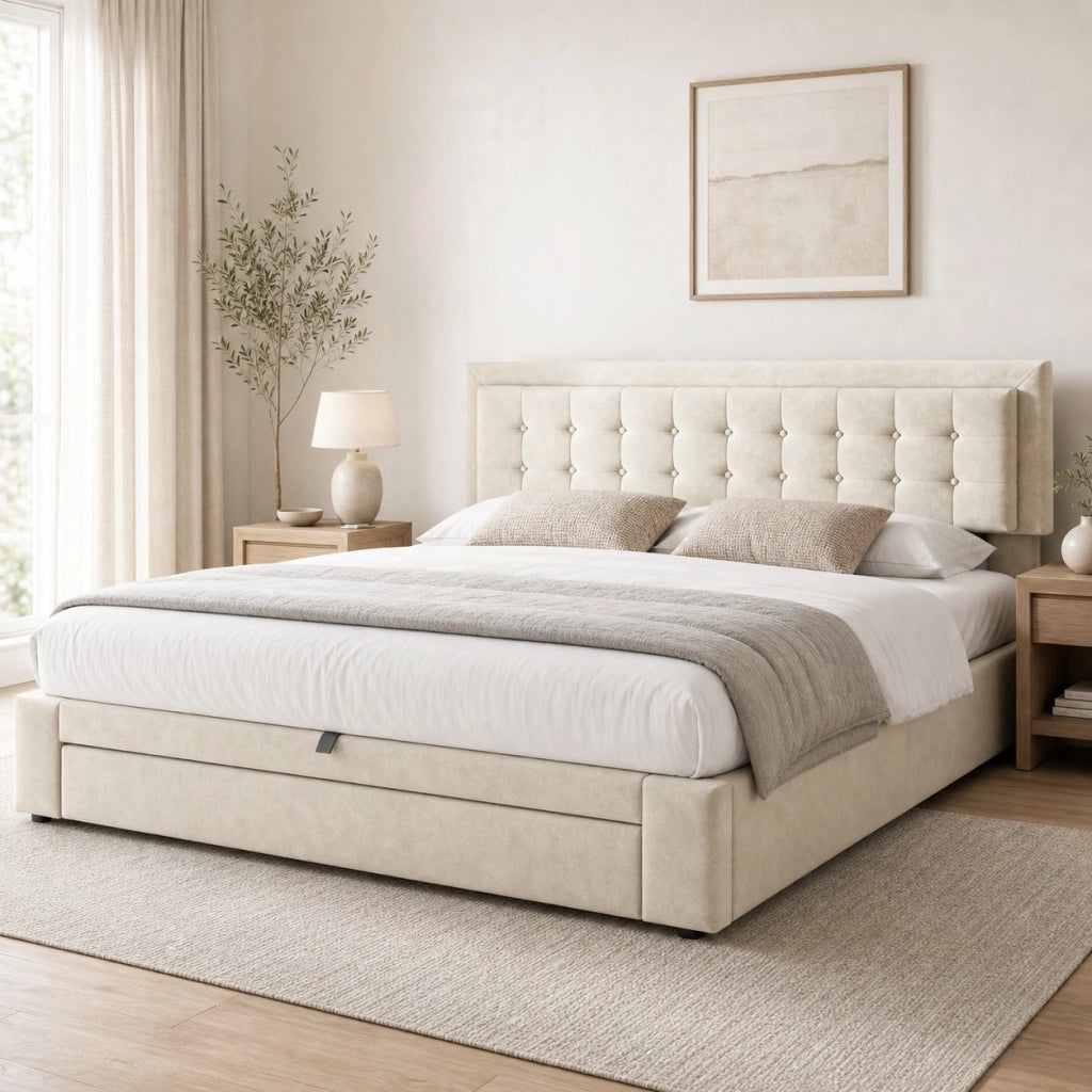Letto matrimoniale imbottito 160x200 in velluto beige con contenitore, cassetti e testiera regolabile