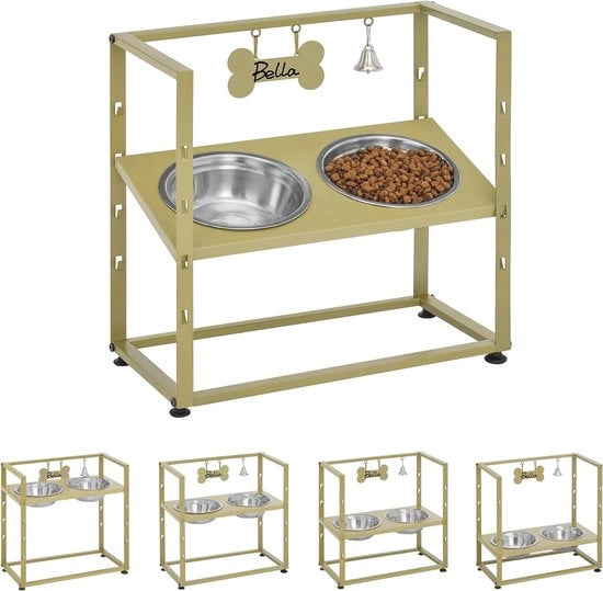 Ciotole per cani elevate, 5 posizioni di altezza regolabili, base per ciotole per cani elevate con 2 ciotole in acciaio inossidabile, progetto inclinato, installazione facile, con etichetta e campanello, oro