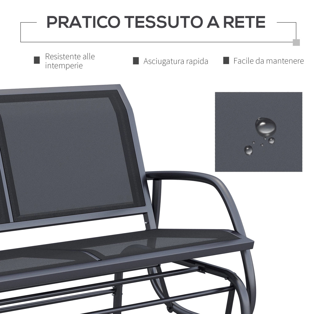 Panchina a Dondolo da Giardino 2 Posti in Metallo e Texteline, Robusta e Resistente per Esterno, 120x70x85cm, Nero