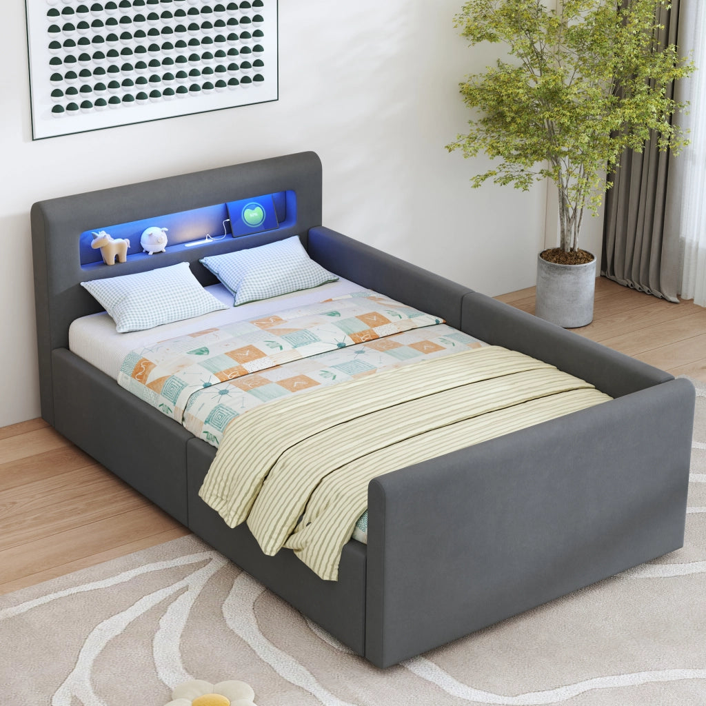 OKWISH Letto Bambini 90×200 cm, Letto Singolo con LED, Luce Notturna, USB, Contenitore Idraulico e Mensola, senza Materasso, Grigio