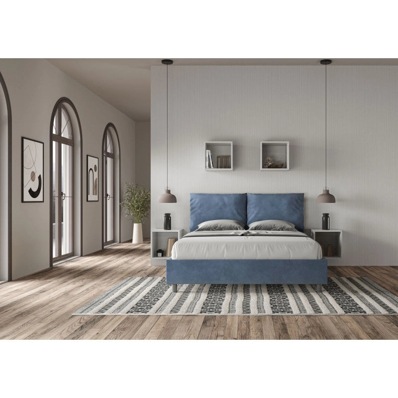 Letto imbottito Letto Matrimoniale alla Francese 150x190 cm Large - Con rete,Microfibra,Blu