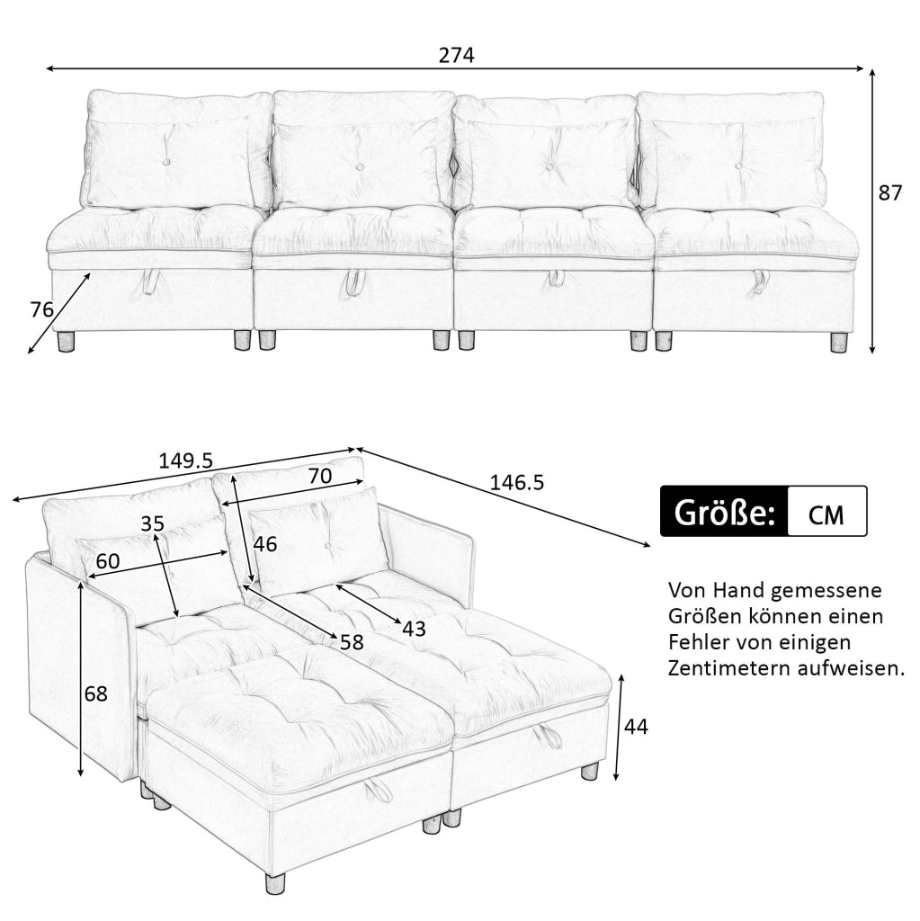 Divano modulare 4 posti con contenitore e funzione letto in ciniglia grigio antico