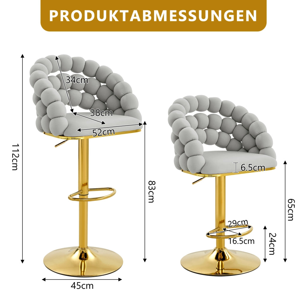 Tabouret de bar girevole in velluto con altezza regolabile e base metallica dorata grigio chiaro set da 2