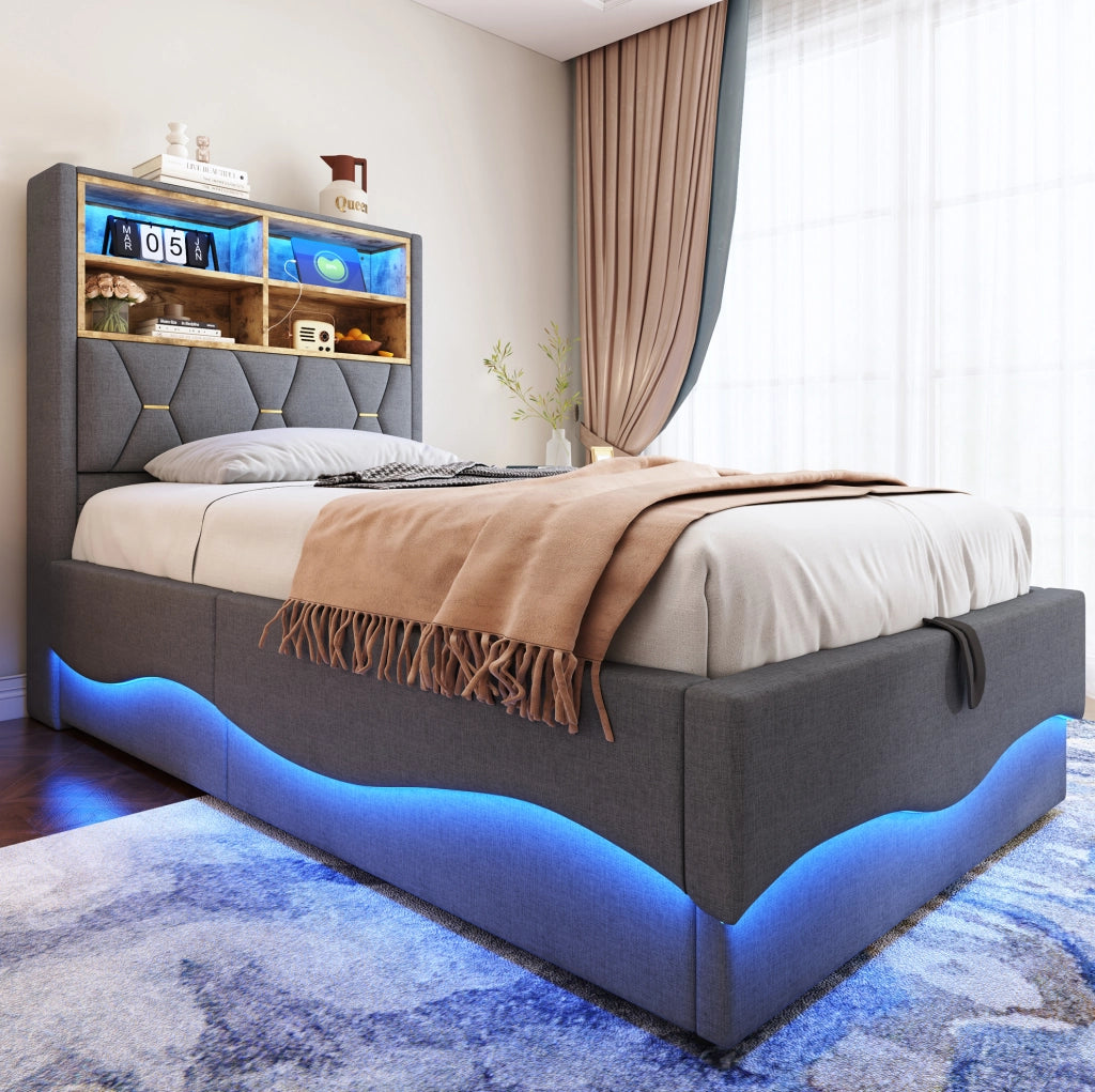 Letto per bambini e ragazzi 90x200 cm con LED; USB e contenitore; grigio in lino