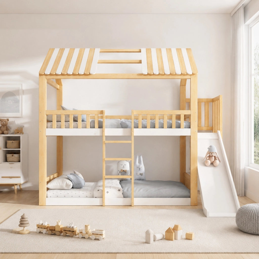 Letto a castello a casetta 90x200 cm bianco e naturale