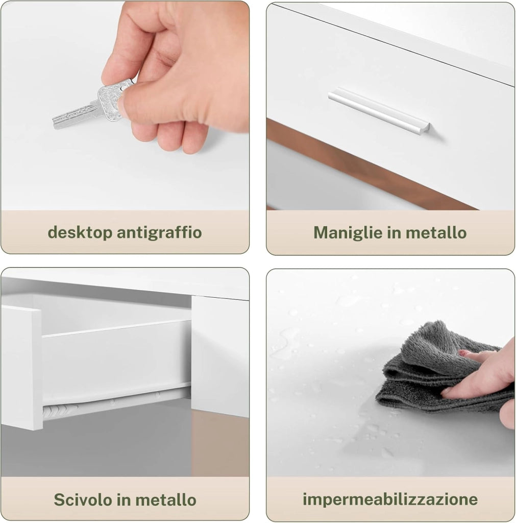 FIONESO 110cm Toeletta Trucco con Luci a Luminosità Regolabile, Grande Specchio, Postazione Trucco con 5 Cassetto e, 2 Ripiani Aperti, Moderno, Bianco