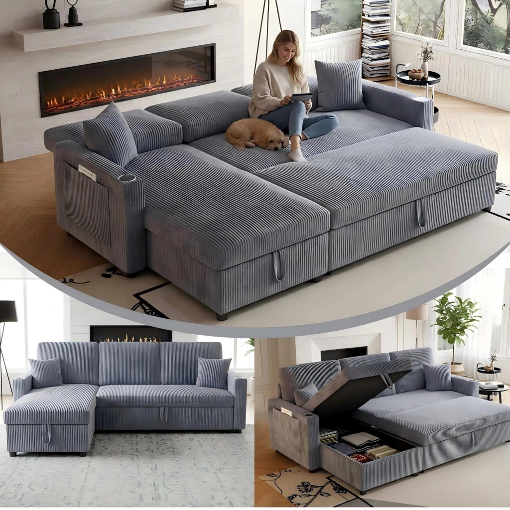Divano letto angolare modulare - con contenitore; USB; portabicchieri e tavolino - grigio