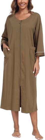 Giacca da bagno per donna con cerniera, 100% cotone, giacca leggera per donna, donna con tasche, lunga, misura M-XXL (verd olive, M)