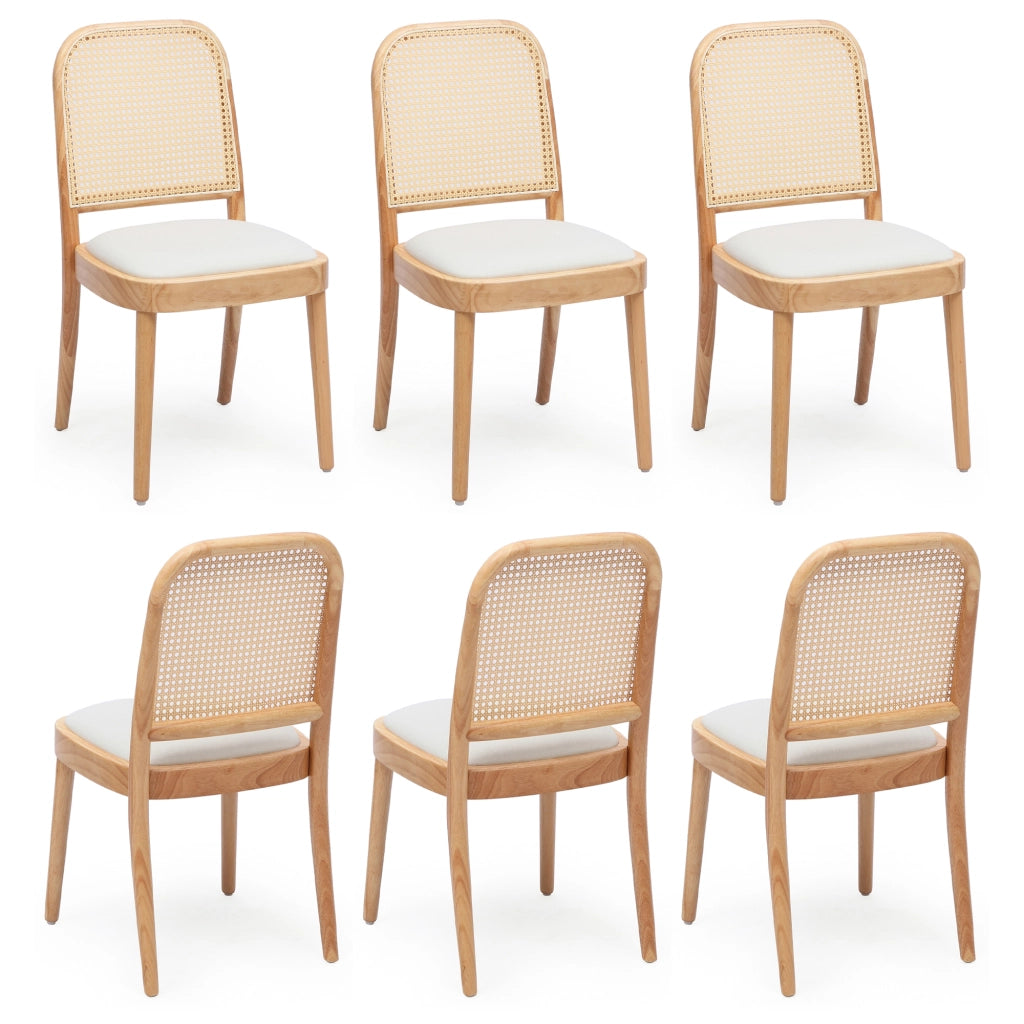 SEDIE Set da 4 pezzi in legno massello con schienale in rattan, lino, colore legno