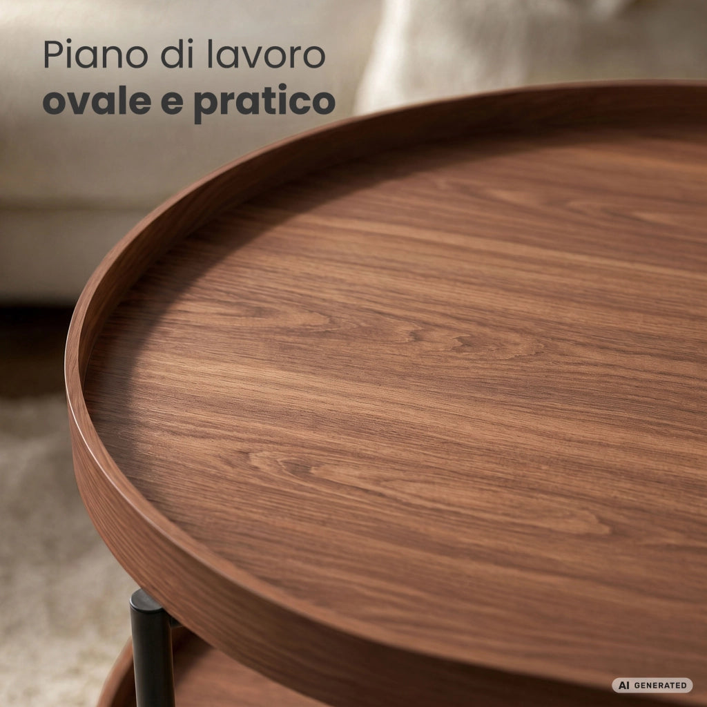 Tavolino da salotto stile loft CORTADO 90 cm ovale con ripiano noce gambe nere