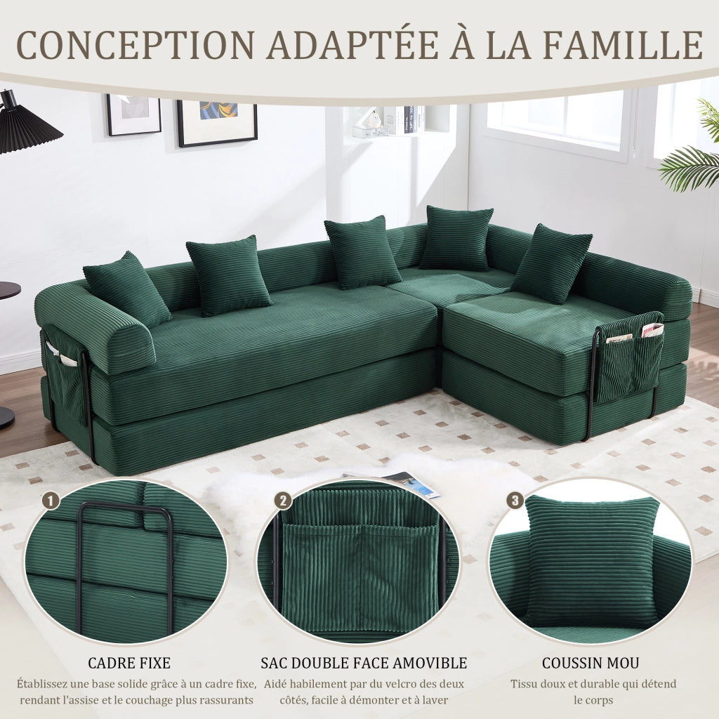 Canapé modulare con tasca laterale e funzione letto in velluto a coste verde smeraldo 270 × 180 × 64 cm