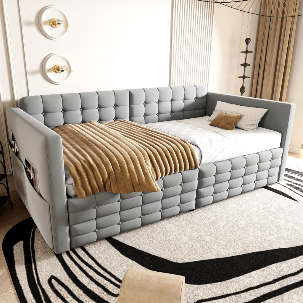Letto imbottito 90x190 cm con testiera capitonn¨¦, 2 cassetti e tasche laterali, velluto grigio chiaro