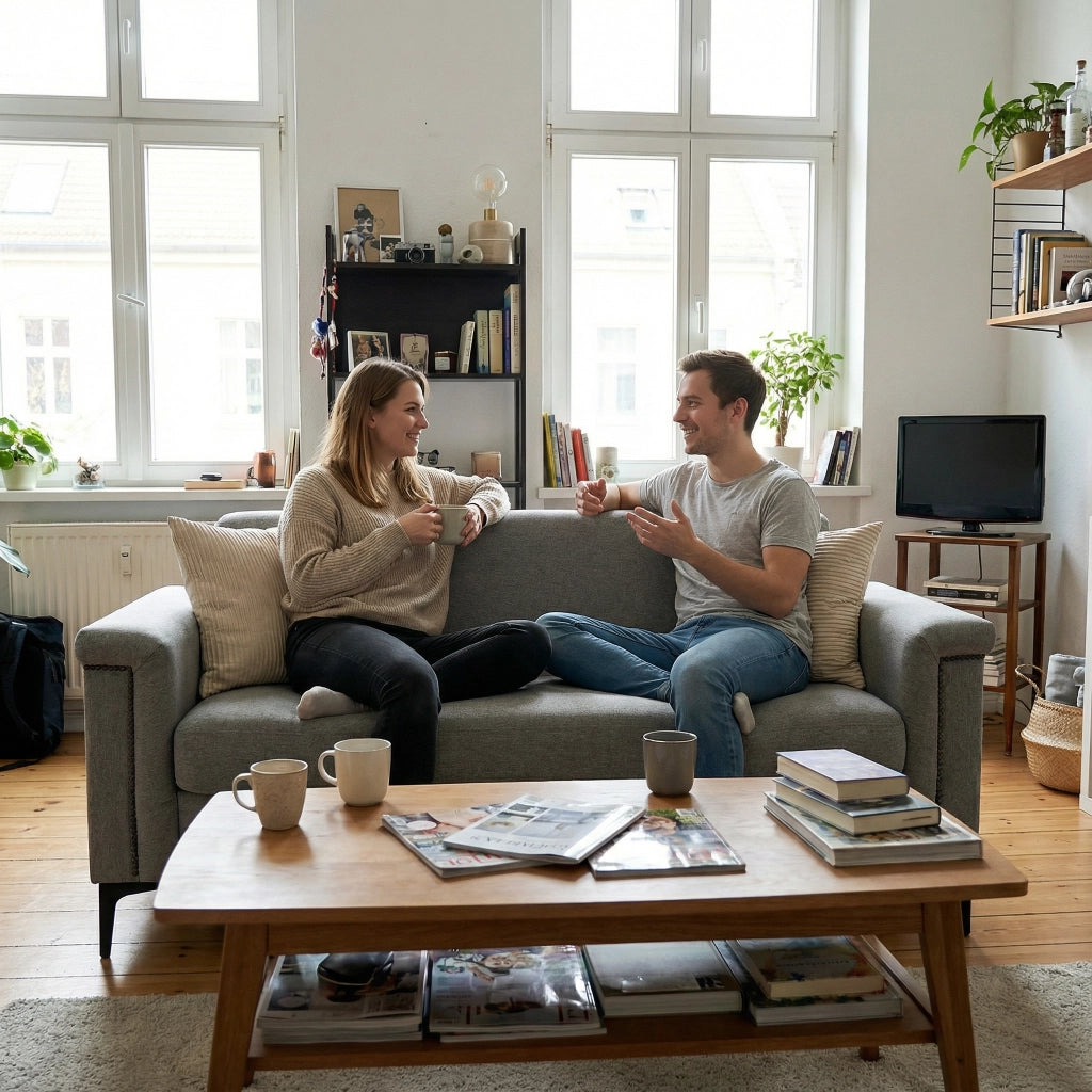 Divano a 2 posti in tessuto effetto lino con seduta ergonomica e braccioli ampi con gambe in metallo grigio chiaro