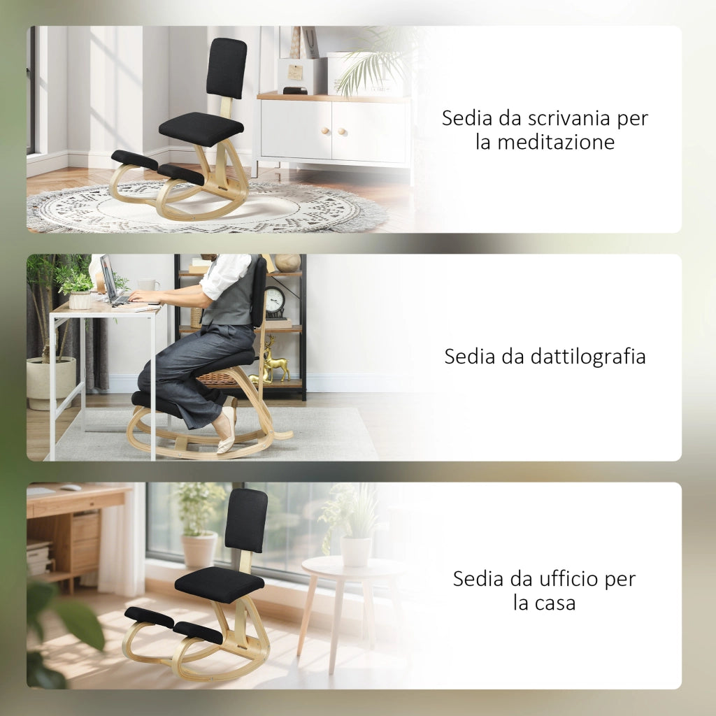 Sedia Ergonomica Inginocchiatoio con Schienale 51x84x93 cm in Legno di Betulla e Cuscini Nero
