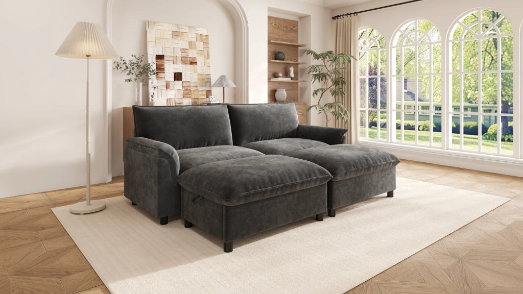 Divano modulare cloud con pouf mobili, schienale alto, seduta profonda, in ciniglia nera per soggiorno 216 × 77 × 82 cm