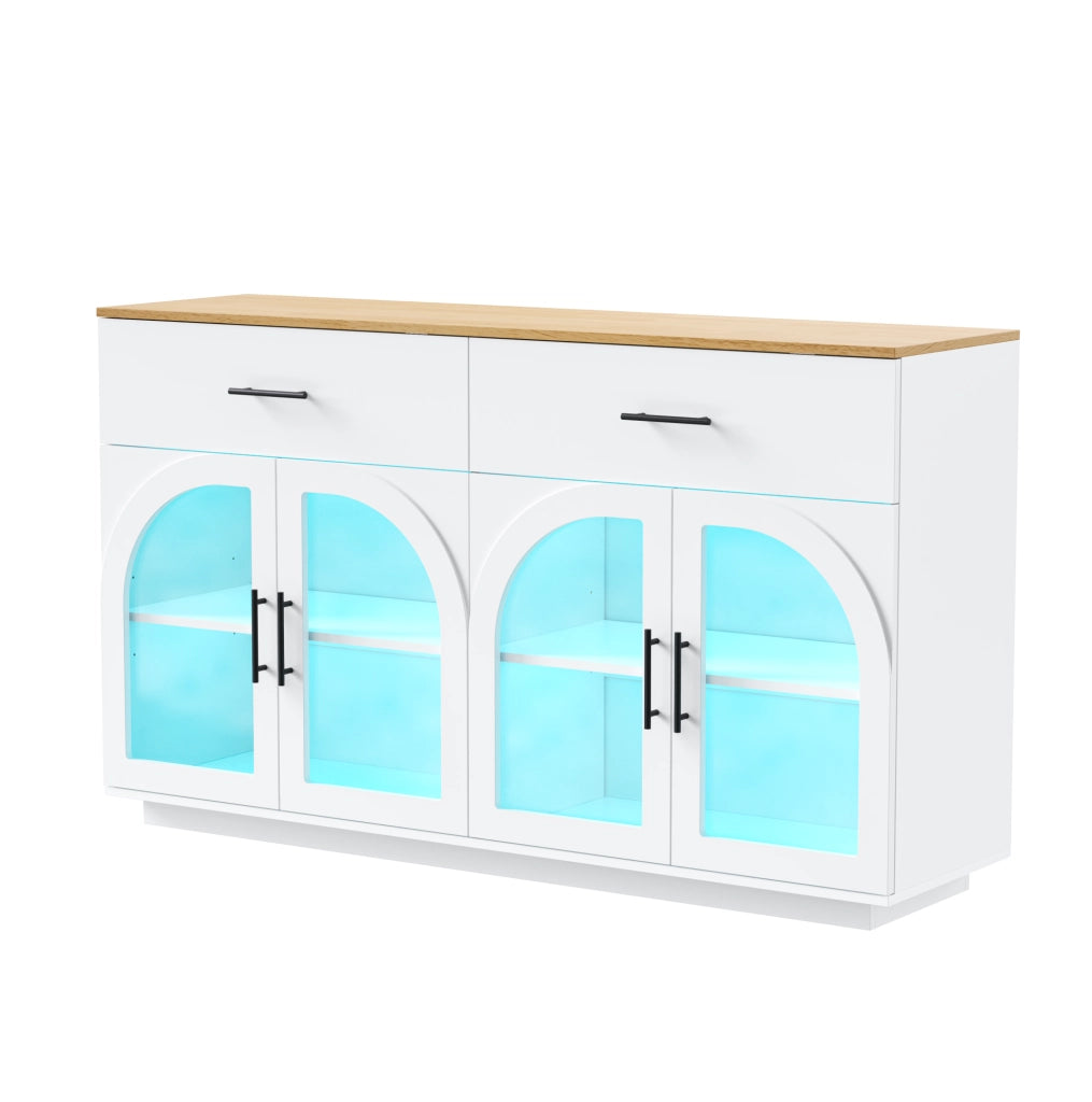 Buffet Cucina con LED, 2 Cassetti e 4 Ante, Ripiani Interni, 147x40x86 cm, Bianco