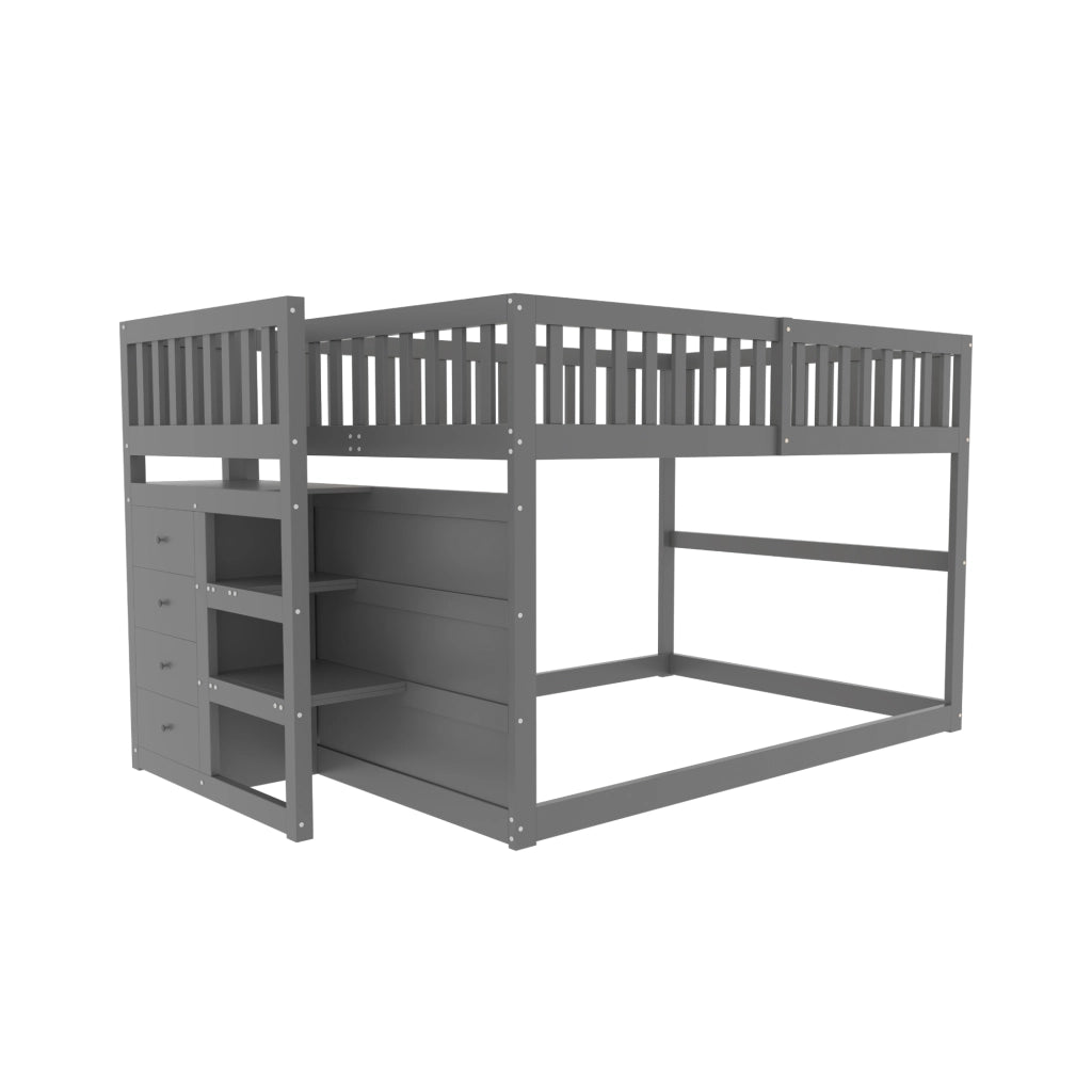 OKWISH Letto a Castello Basso 140×200 cm, Letto Matrimoniale con 4 Cassetti, Scala e Sponda Alta, senza Materasso, in Legno, Grigio