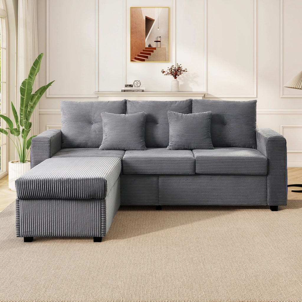 Divano modulare a L con illuminazione LED; ottomano multifunzione; in cord; grigio antico