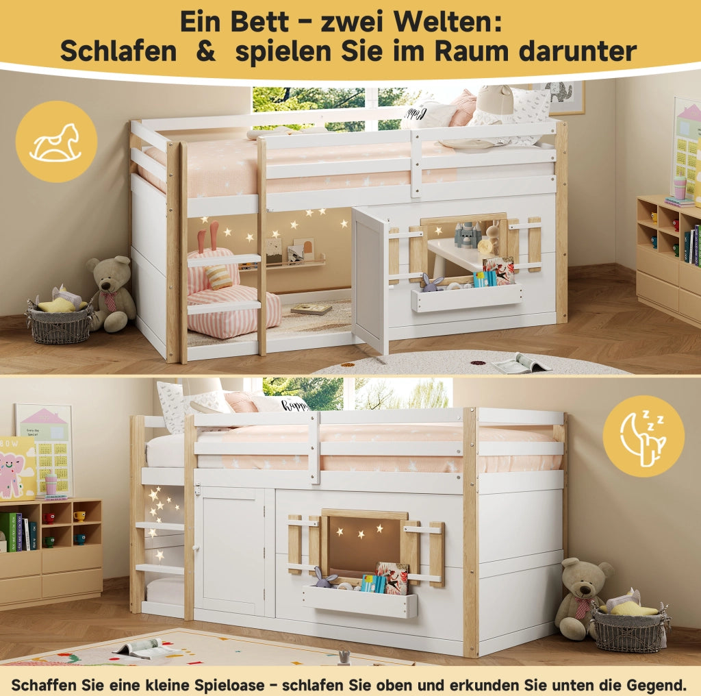 Letto rialzato per bambini 90x200 cm con scala e spazio inferiore multifunzione; bianco