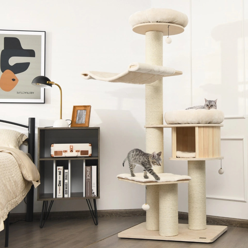 Albero per gatti in legno massiccio da 174cm con pali sisal, Torre per gatti a 4 livelli Naturale-Alberi Tiragraffi