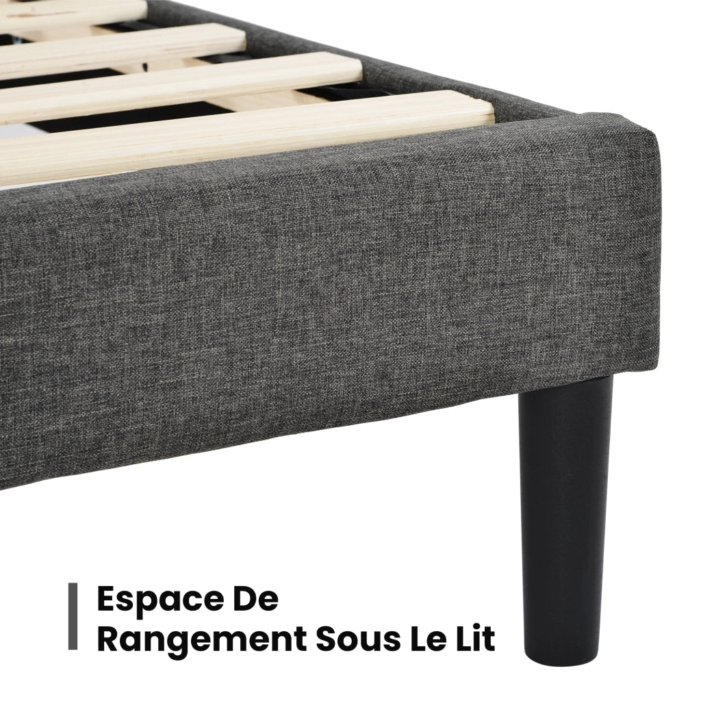 Letto Singolo 90×200 cm; 1 Posto con Testiera Imbottita; senza Materasso; in Lino; Grigio Scuro