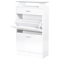 Mobile Scarpiera in Legno con 2 Ante a 2 Livelli, Cassetto e Ripiano in Vetro 60x24x105.5 cm, Bianco