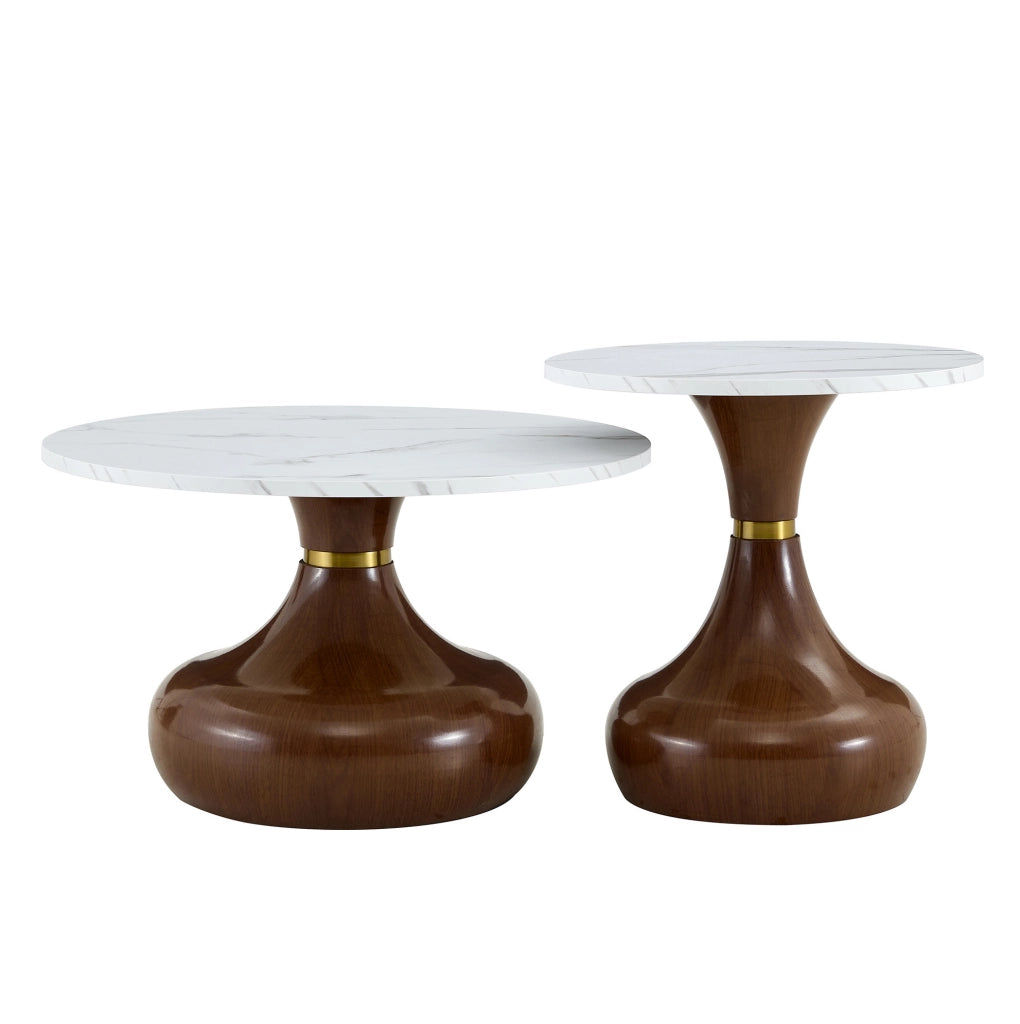 Set di 2 tavolini da caffè ?70x42 cm e ?50x51;5 cm in melamina e metallo; design moderno bianco e noce