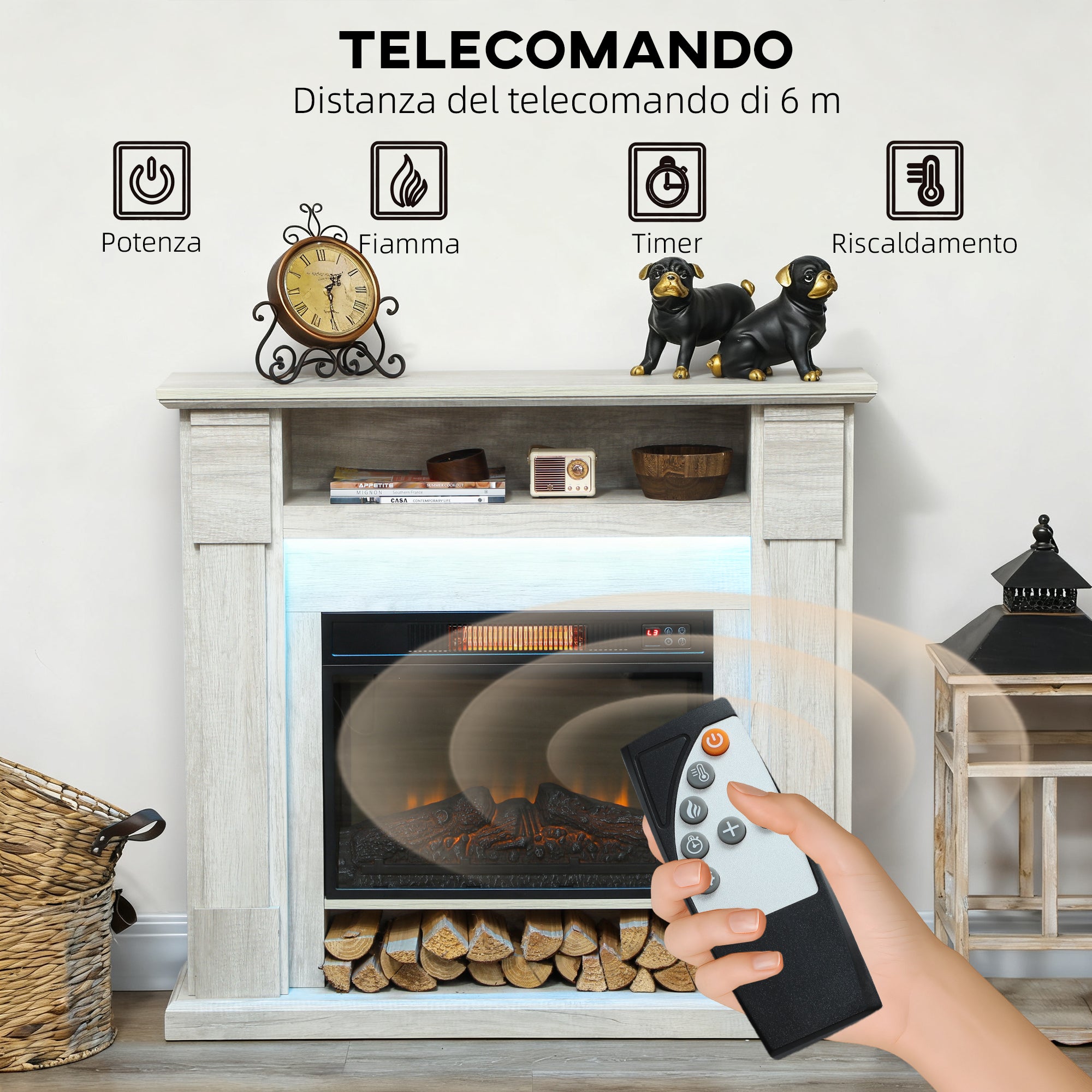 Camino Elettrico da Pavimento 105x27x97 cm 1800W Regolabile con Fiamma 3D Timer e Telecomando color Legno