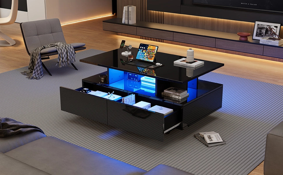 TAVOLINO DA SALOTTO 90x55x41 cm Nero in pannello di legno con LED e 2 cassetti