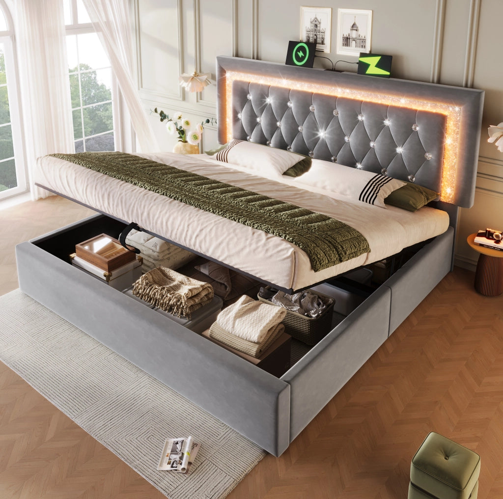 Letto matrimoniale 140x200 cm in velluto con LED, USB e spazio contenitivo