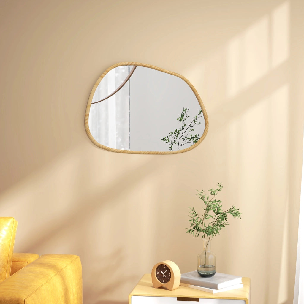Specchio da parete asimmetrico 80x60 cm con cornice in legno naturale, installazione verticale o orizzontale
