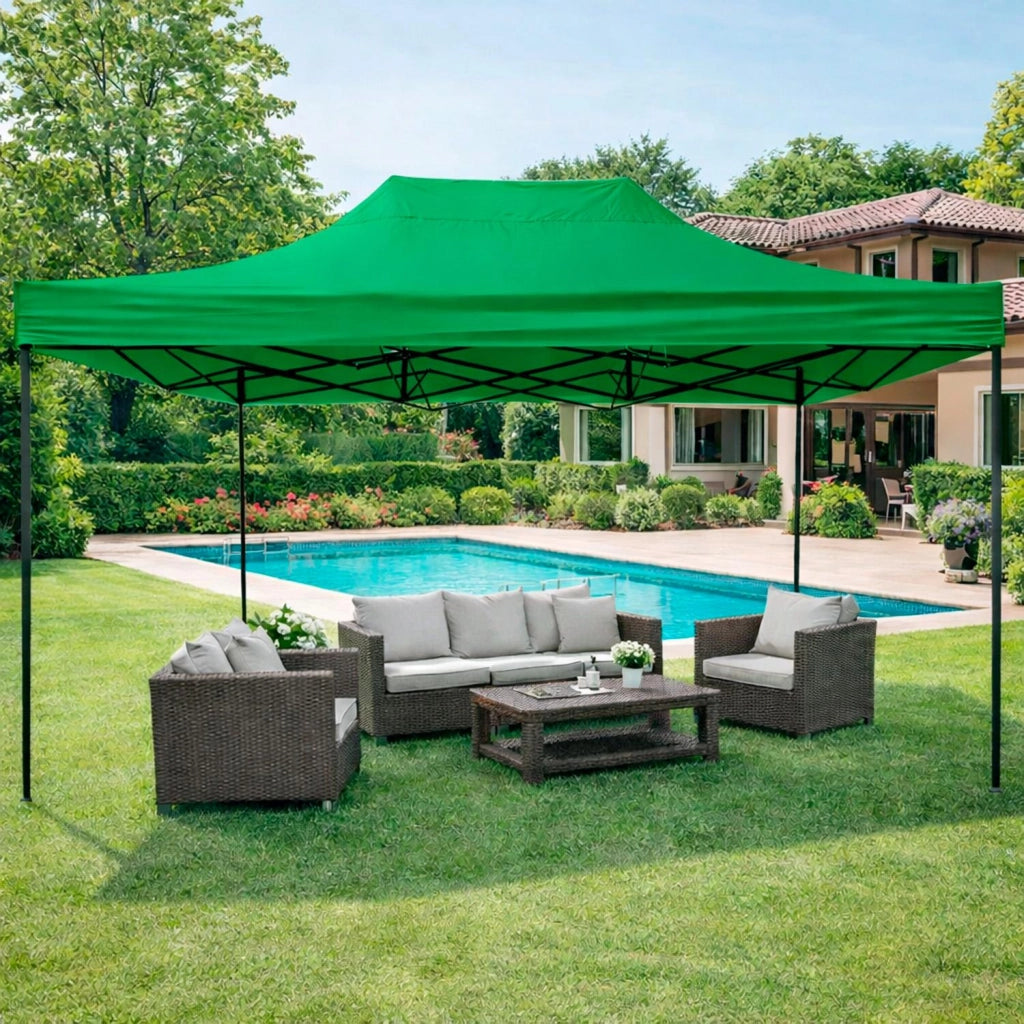 Gazebo Professionale In Acciaio Richiudibile Automatico Con Telo Oxford 1200D PVC Impermeabile E Anti UV Struttura A Fisarmonica Completo Di Sacche Zavorra E Borsa Trasporto Per Sagre Feste Eventi 3x4.5 M Verde