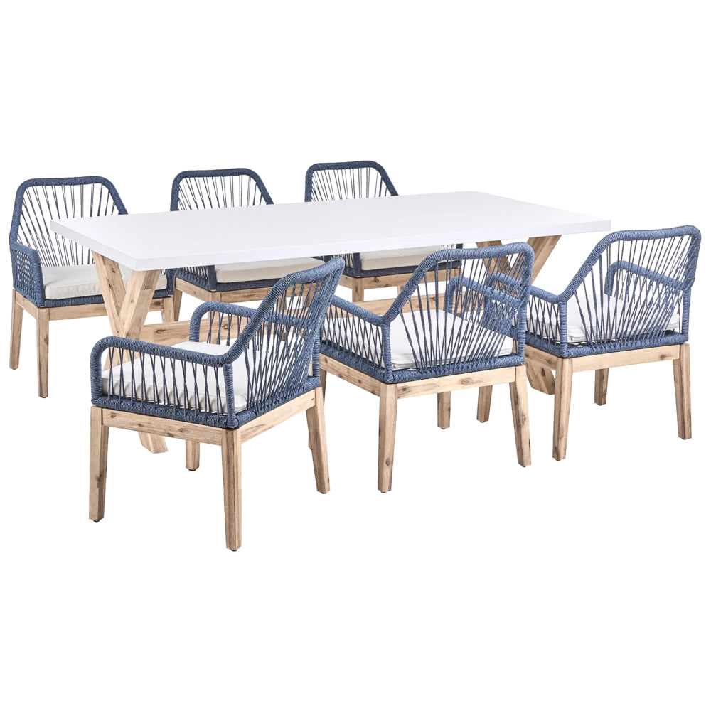 Set da Esterno con Tavolo in Cemento Sintetico blu marino e 6 Sedie in Vimini