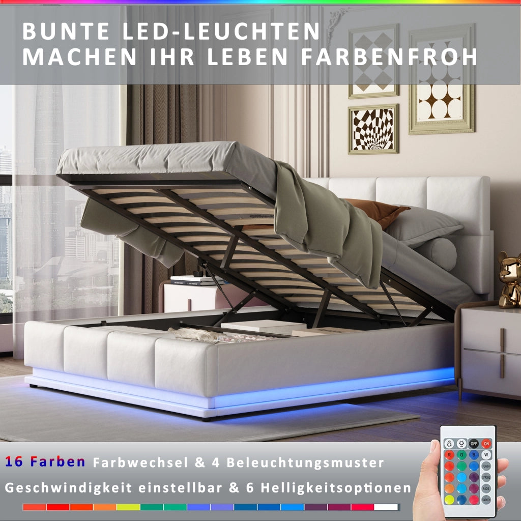 Letto contenitore matrimoniale 160 × 200 cm con LED et vano contenitore idraulico, senza materasso, in ecopelle, bianco