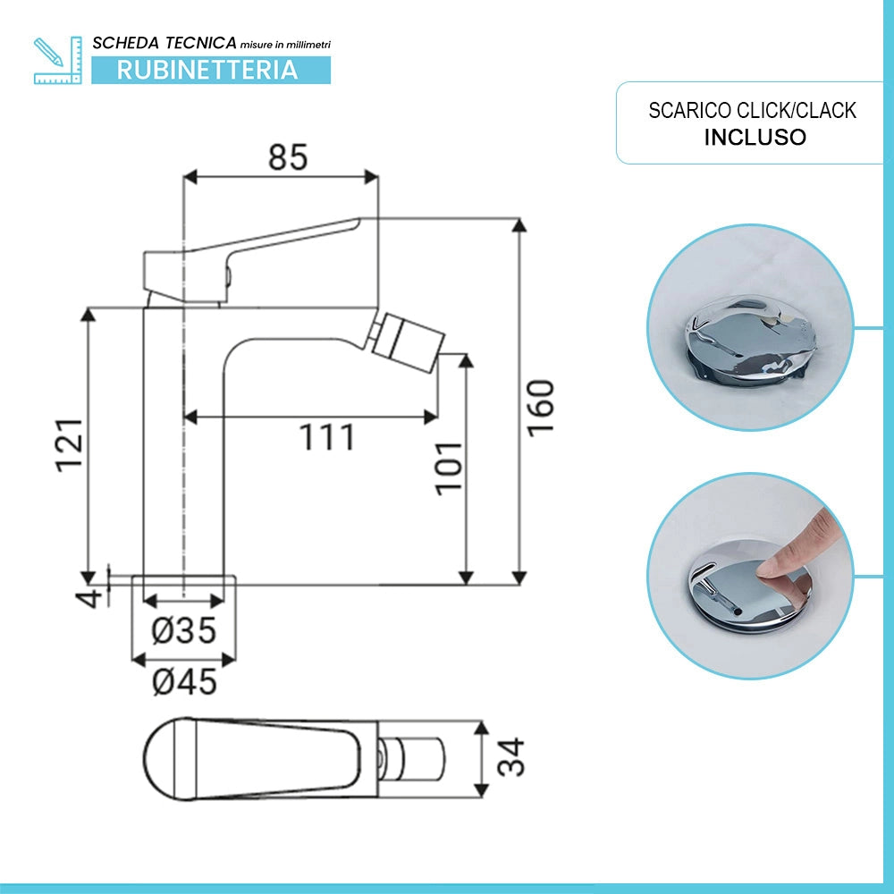 Miscelatore bidet monocomando cromo lucido con piletta click-clack Vegas