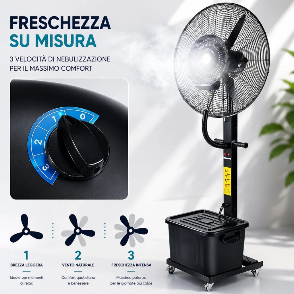 Ventilatore Nebulizzatore Raffrescatore 75 cm con Tanica 46L, 3 Velocità, Altezza 180 cm, 280W 220V, Raffrescatore ad Acqua per Esterni, Eventi, Ristoranti, Bar e Giardini