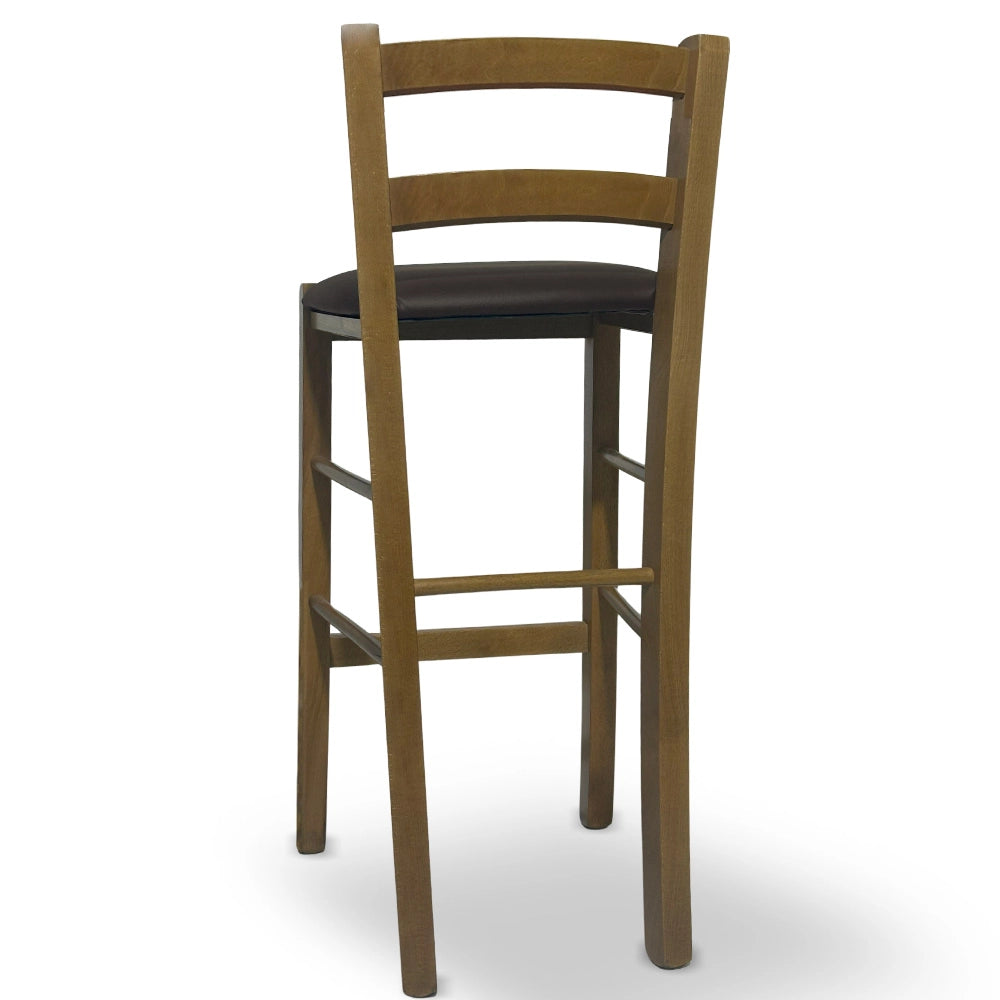 Sgabello in legno noce chiaro con schienale h 66cm con seduta similpelle marrone