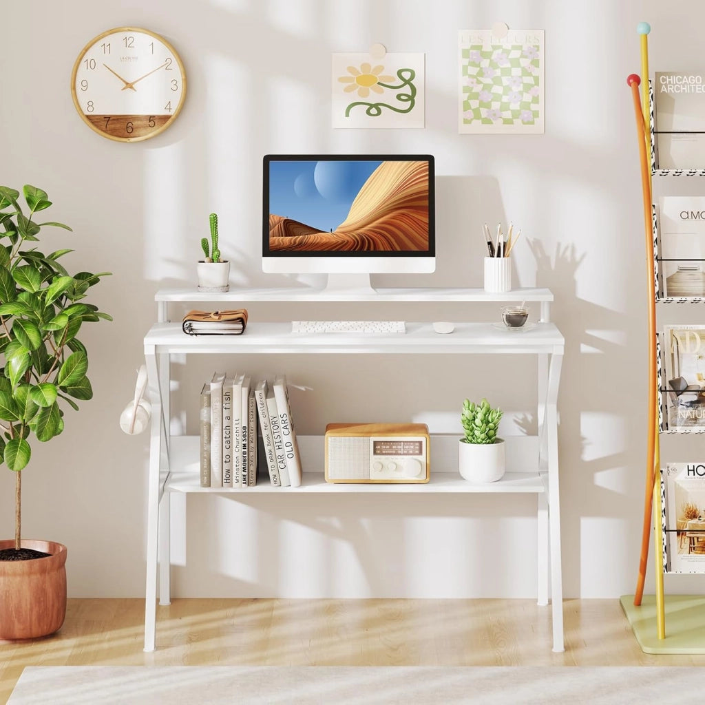 Scrivania per computer con supporto per monitor, mensola portaoggetti e gancio laterale, 100 x 48 x 81,5 cm, tavolo da lavoro moderno per ufficio, camera da letto